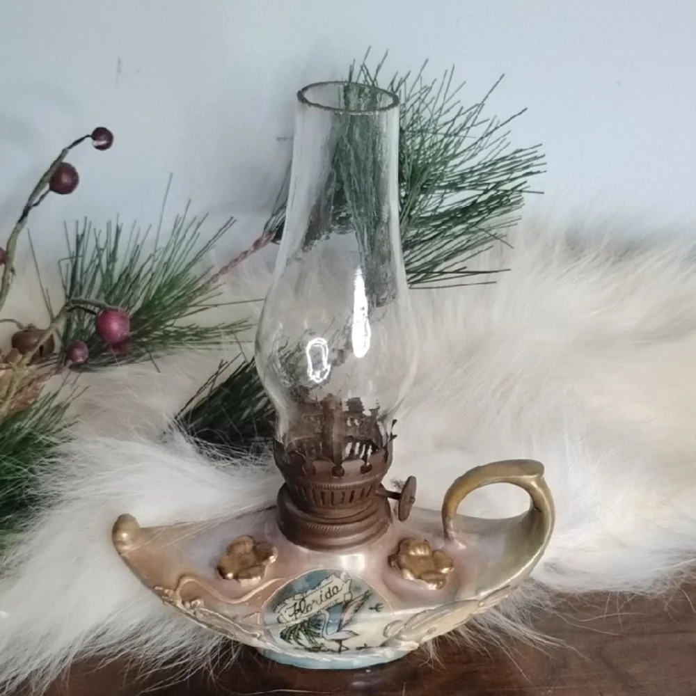Vintage Ceramic Oil Lamp with Gold Accents